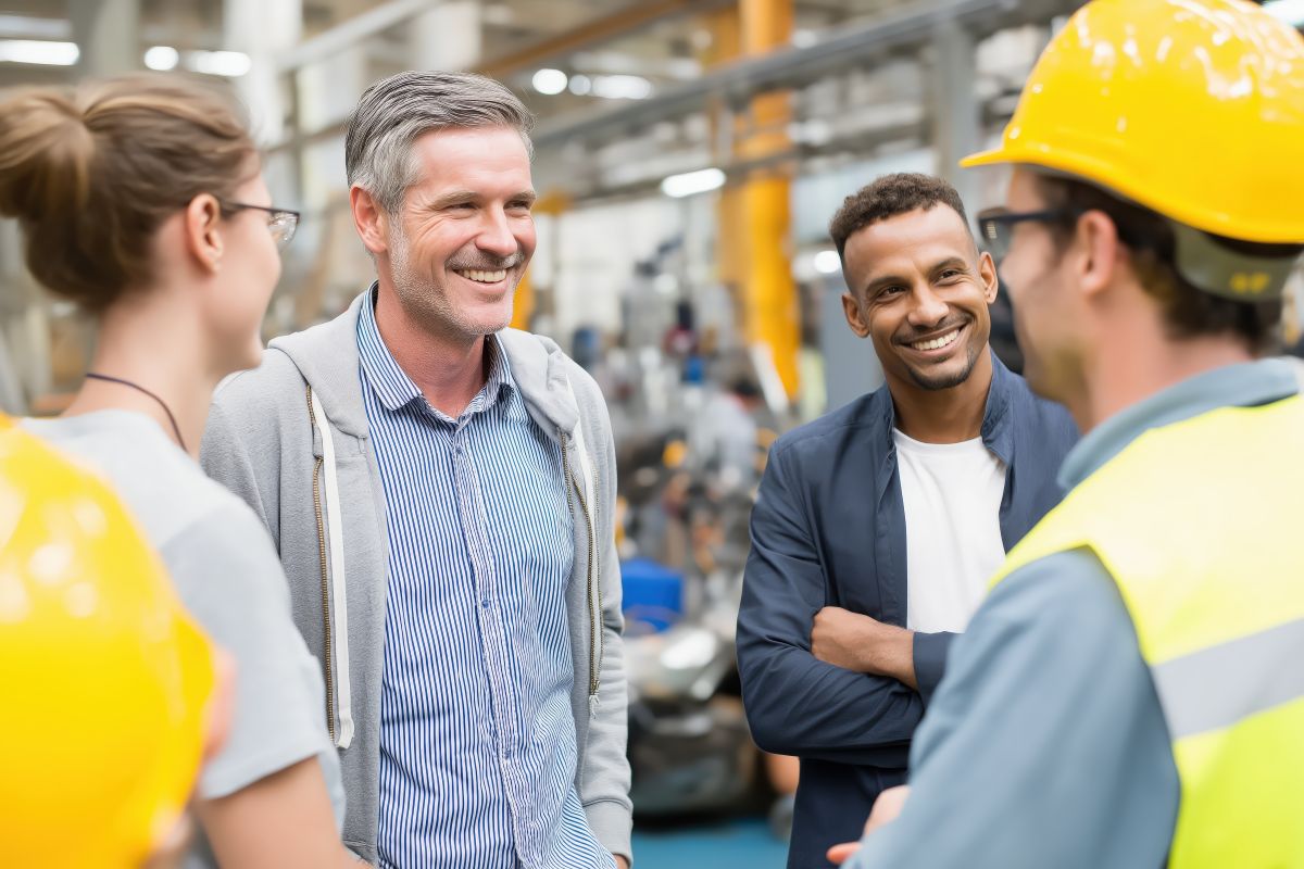 Gruppe von Ingenieuren und Arbeitern beratschlagen und lächeln in einer Fabrikhalle