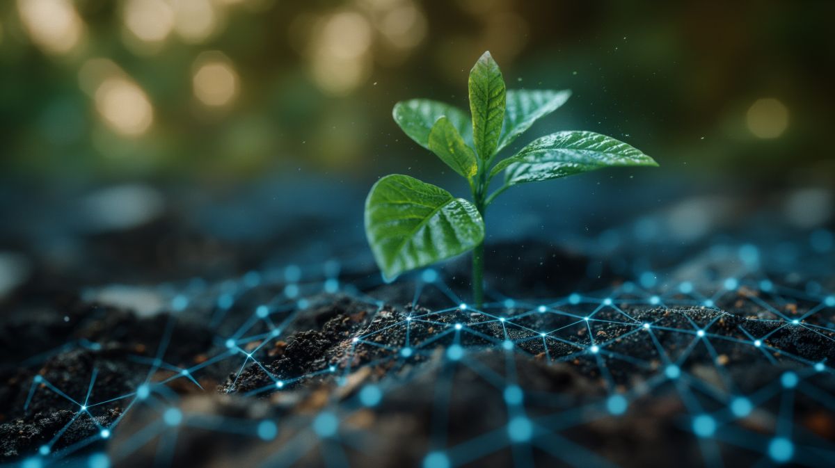 Kleine grüne Pflanze wächst aus Erde, umgeben von digitalem Netzwerk